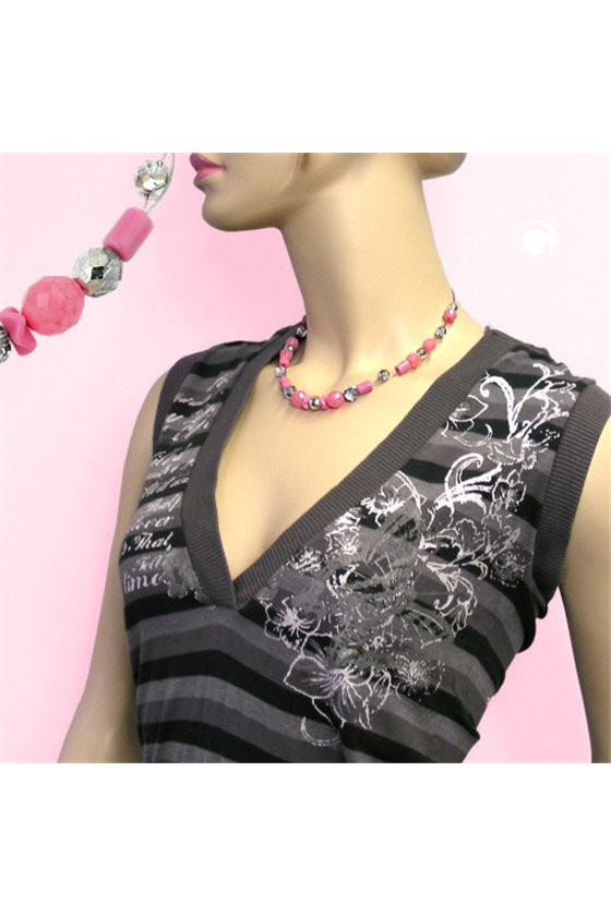NECKLACE PINK AND SILVER-MIRRORED GLASS BEADS
