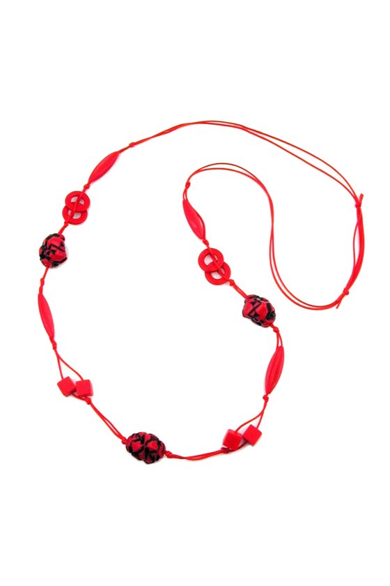 NECKLACE RED/BLACK BEADS ON RED CORD 100CM