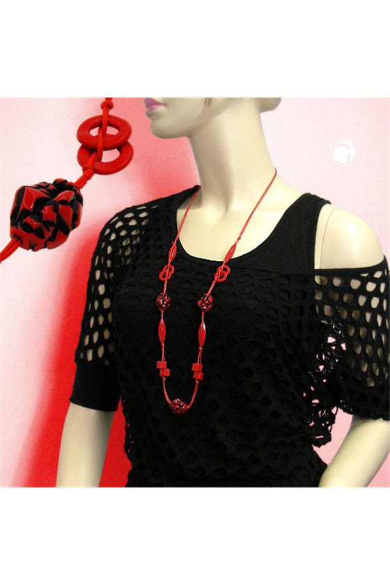 NECKLACE RED/BLACK BEADS ON RED CORD 100CM