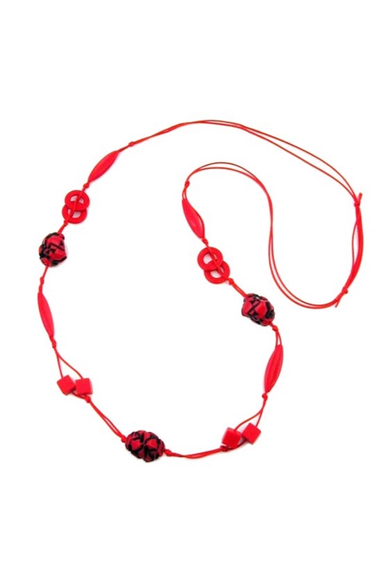 NECKLACE RED/BLACK BEADS ON RED CORD 100CM