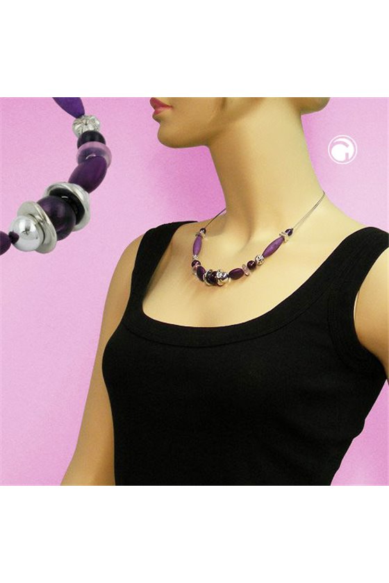 NECKLACE PURPLE BEADS ON COATED FLEXIBLE WIRE 49CM