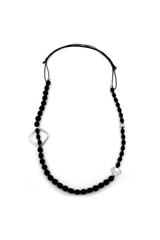 NECKLACE BLACK BEADS CHROME-TONE ELEMENTS