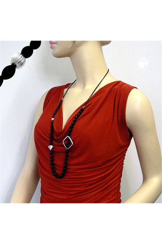 NECKLACE BLACK BEADS CHROME-TONE ELEMENTS