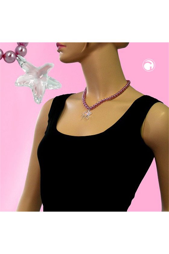 NECKLACE GLASS BEADS STARFISH PINK 45CM