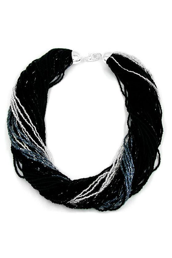 NECKLACE ROCAILLES BLACK SILVER COLOURED 45CM