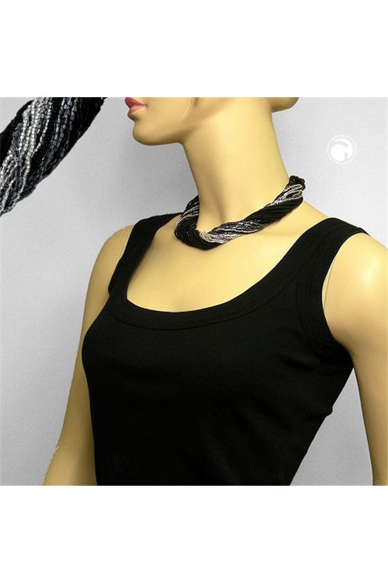 NECKLACE ROCAILLES BLACK SILVER COLOURED 45CM