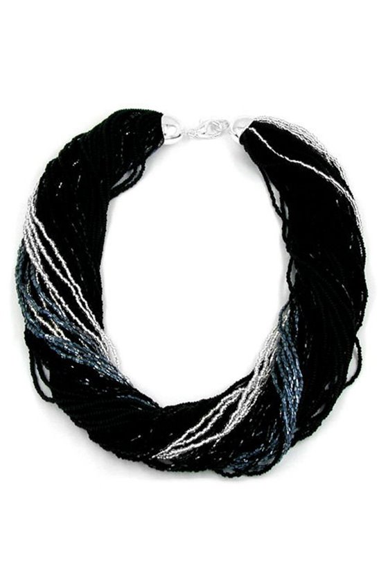 NECKLACE ROCAILLES BLACK SILVER COLOURED 45CM