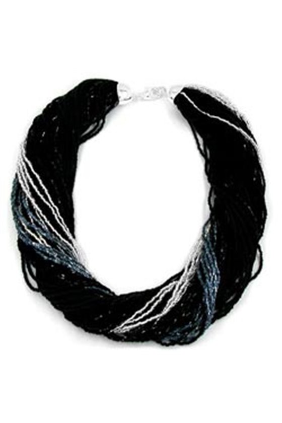 NECKLACE ROCAILLES BLACK SILVER COLOURED 45CM