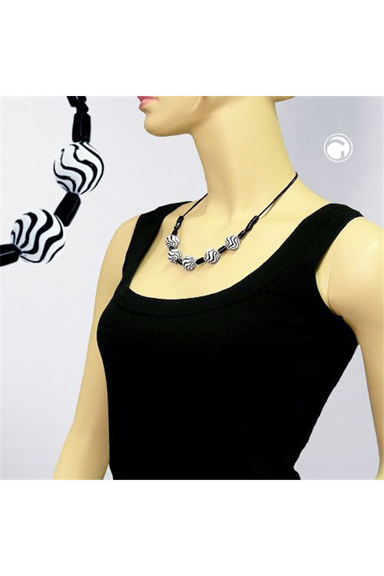 NECKLACE WAVY BEADS BLACK-WHITE 50CM