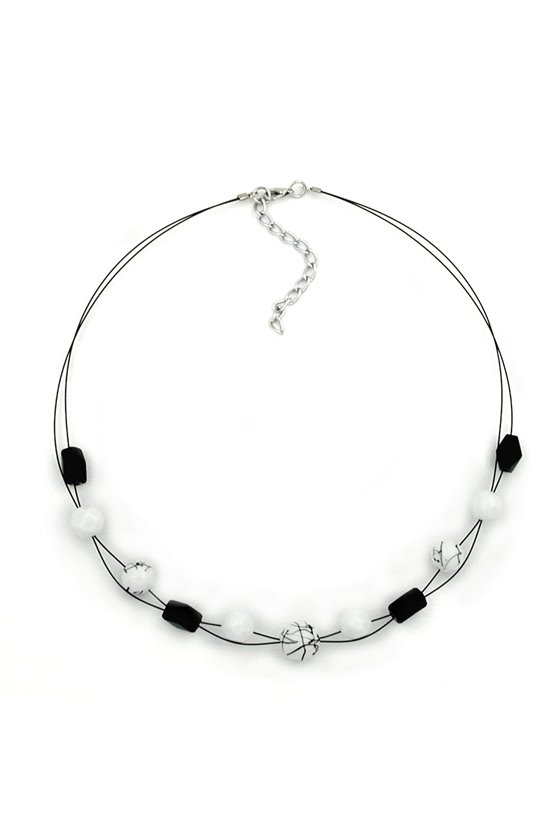 NECKLACE WHITE AND BLACK MARBLED BEADS ON BLACK-COATED FLEXIBLE WIRE