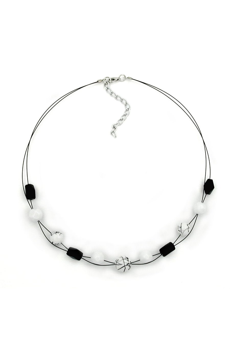 NECKLACE WHITE AND BLACK MARBLED BEADS ON BLACK-COATED FLEXIBLE WIRE