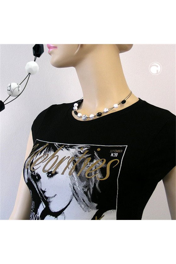 NECKLACE WHITE AND BLACK MARBLED BEADS ON BLACK-COATED FLEXIBLE WIRE