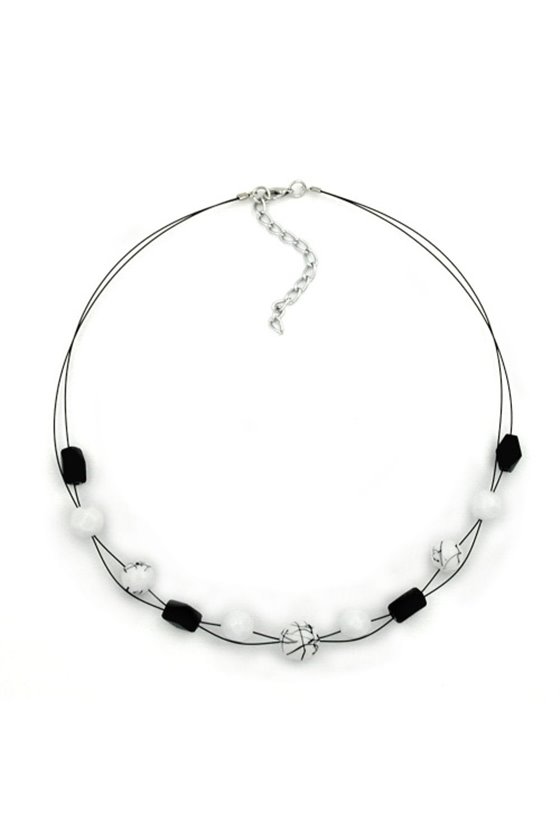 NECKLACE WHITE AND BLACK MARBLED BEADS ON BLACK-COATED FLEXIBLE WIRE