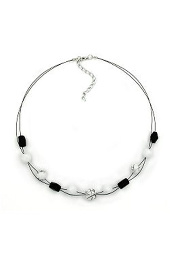 NECKLACE WHITE AND BLACK MARBLED BEADS ON BLACK-COATED FLEXIBLE WIRE