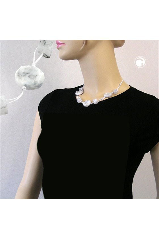 NECKLACE WHITE MARBLED BEADS TWO-FOLD CORD