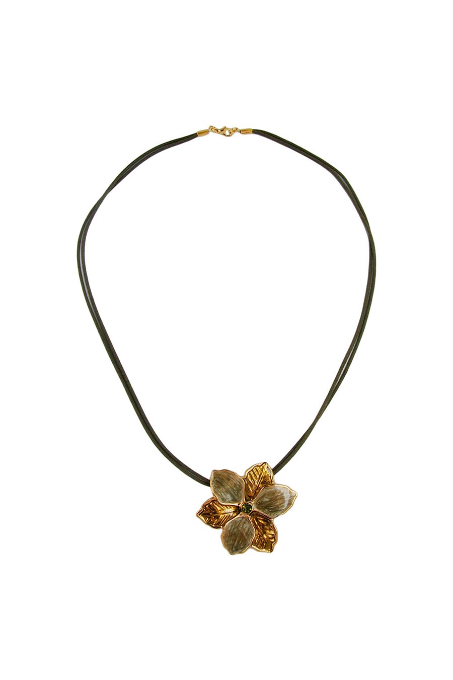 NECKLACE FLOWER OLIVE-GOLD ENAMELED 50CM