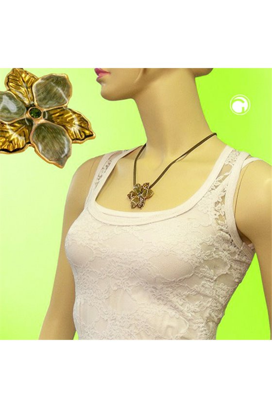 NECKLACE FLOWER OLIVE-GOLD ENAMELED 50CM