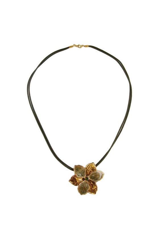 NECKLACE FLOWER OLIVE-GOLD ENAMELED 50CM