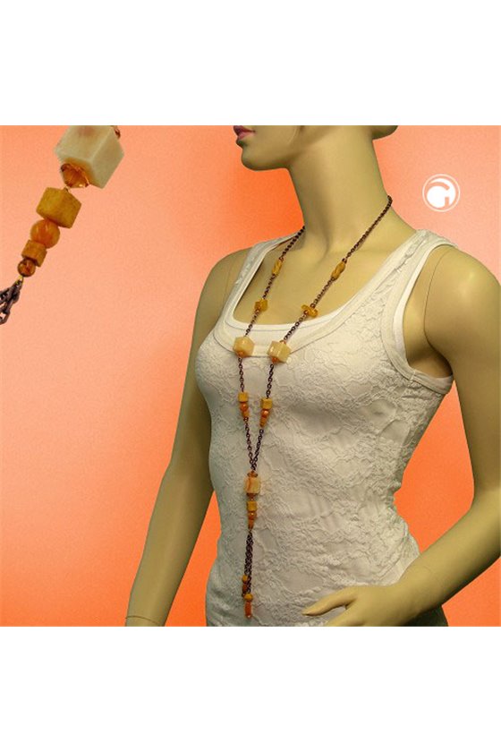 NECKLACE BEADS BEIGE-BROWN 95CM
