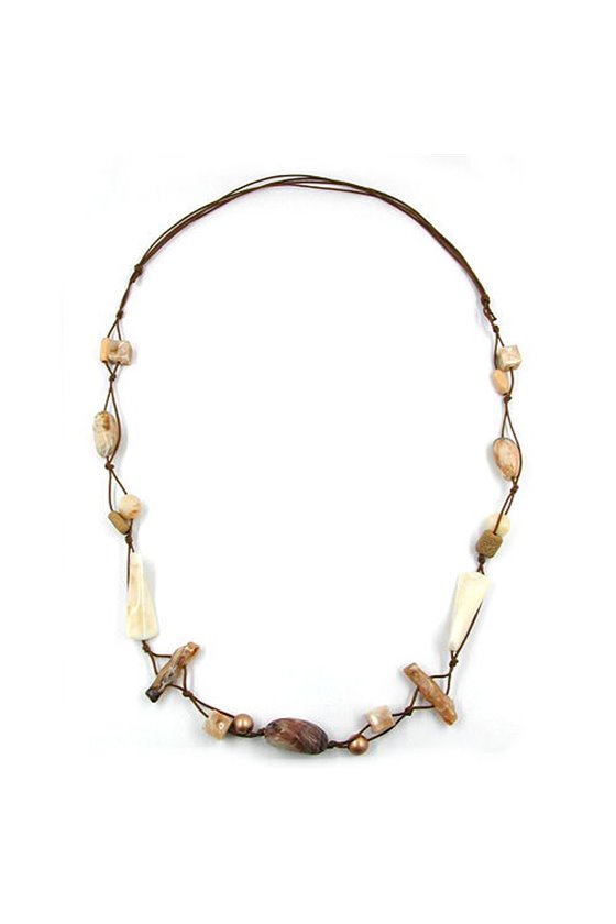 NECKLACE BEADS BEIGE-BROWN 105CM