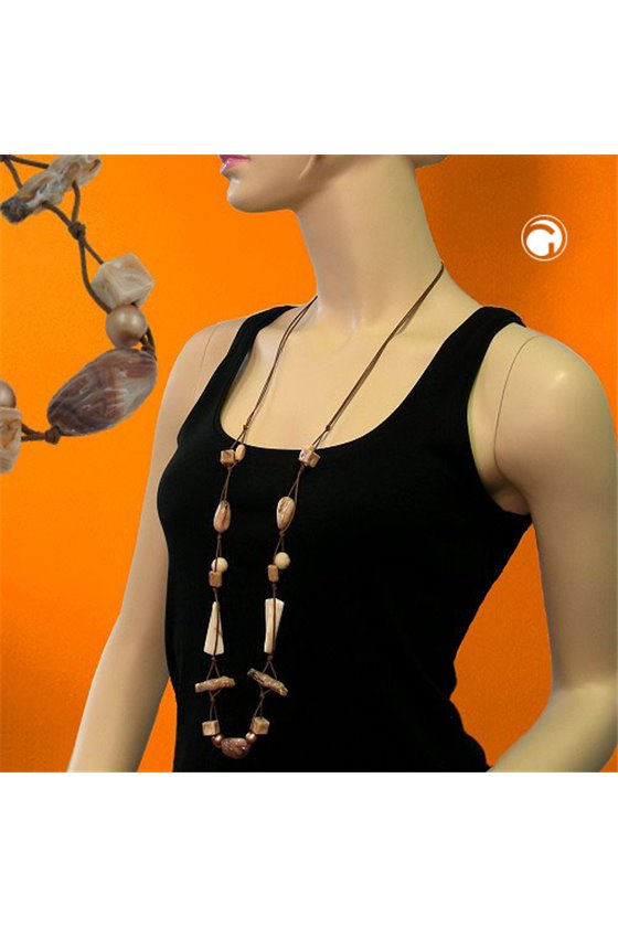 NECKLACE BEADS BEIGE-BROWN 105CM
