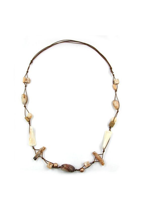 NECKLACE BEADS BEIGE-BROWN 105CM