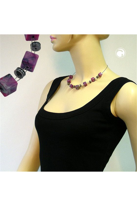 NECKLACE CUBE BEADS PINK-GREY 45CM