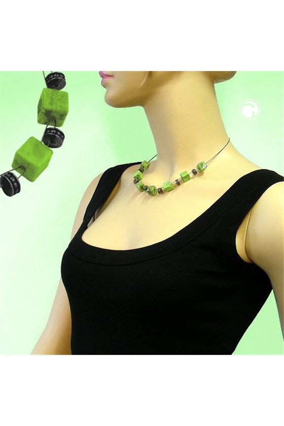 NECKLACE CUBE BEADS LIGHT GREEN MARBLED 45CM