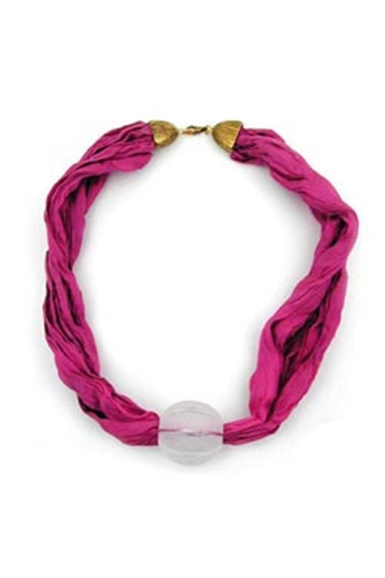 NECKLACE SILK SCARF PINK BIG BEAD 55CM