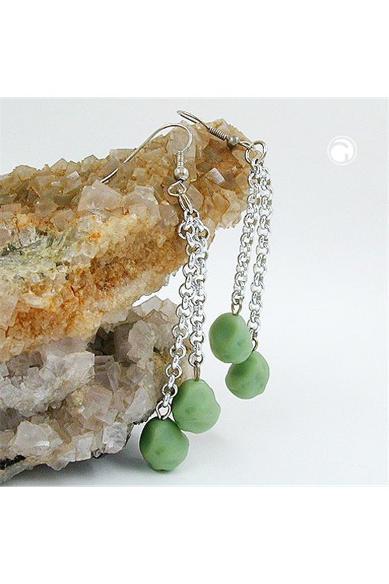 HOOK EARRINGS ROLO CHAIN SILVER COLOURED WITH BEADS GREEN