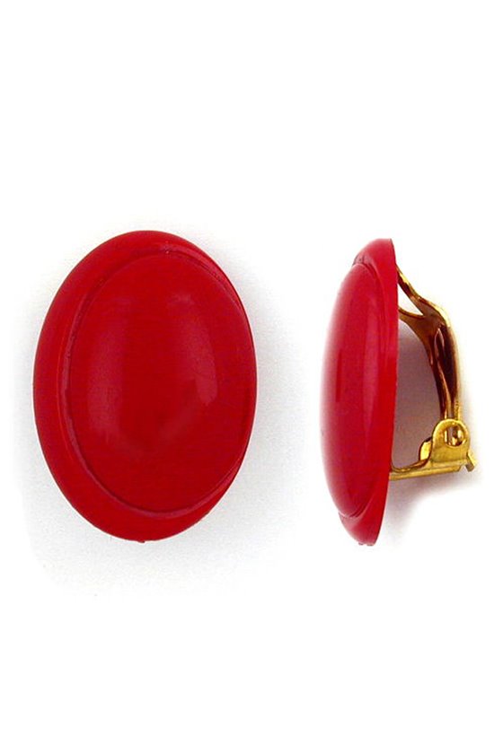 CLIP-ON EARRING DARK RED GLOSSY OVAL SHAPE