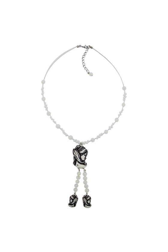 NECKLACE BLACK BEIGE CAMEO BEADS ON COATED FLEXIBLE WIRE