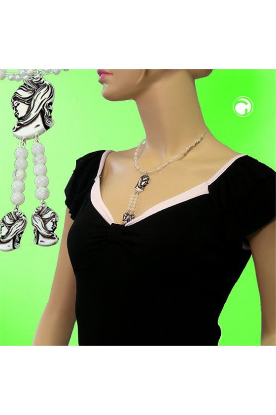 NECKLACE BLACK BEIGE CAMEO BEADS ON COATED FLEXIBLE WIRE
