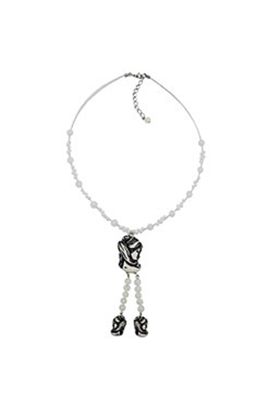 NECKLACE BLACK BEIGE CAMEO BEADS ON COATED FLEXIBLE WIRE