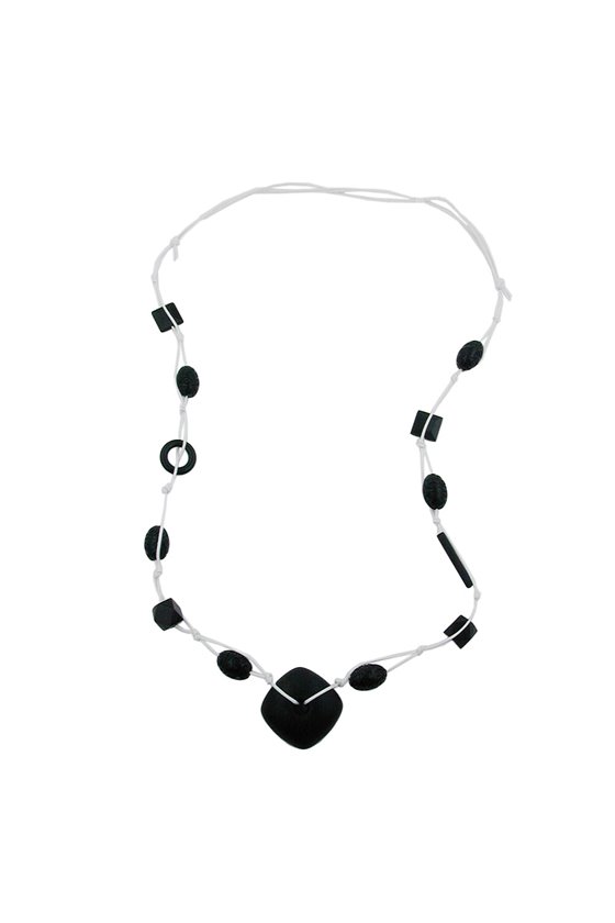 NECKLACE BLACK BEADS WHITE CORD
