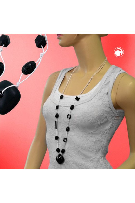 NECKLACE BLACK BEADS WHITE CORD
