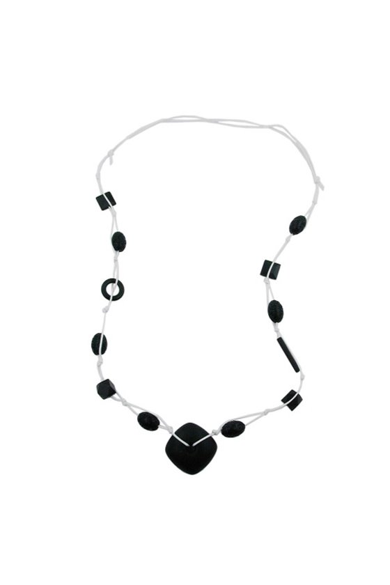 NECKLACE BLACK BEADS WHITE CORD