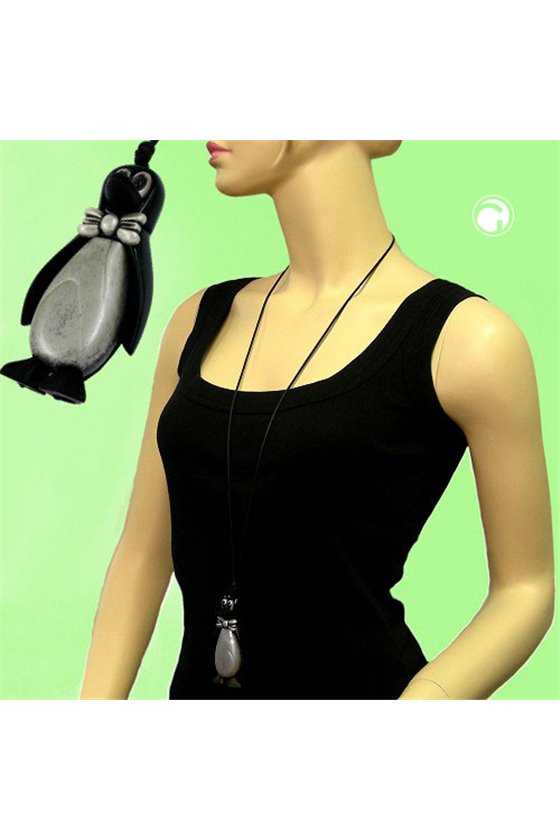 NECKLACE PENGUIN BLACK ANTIQUE-SILVER 90CM