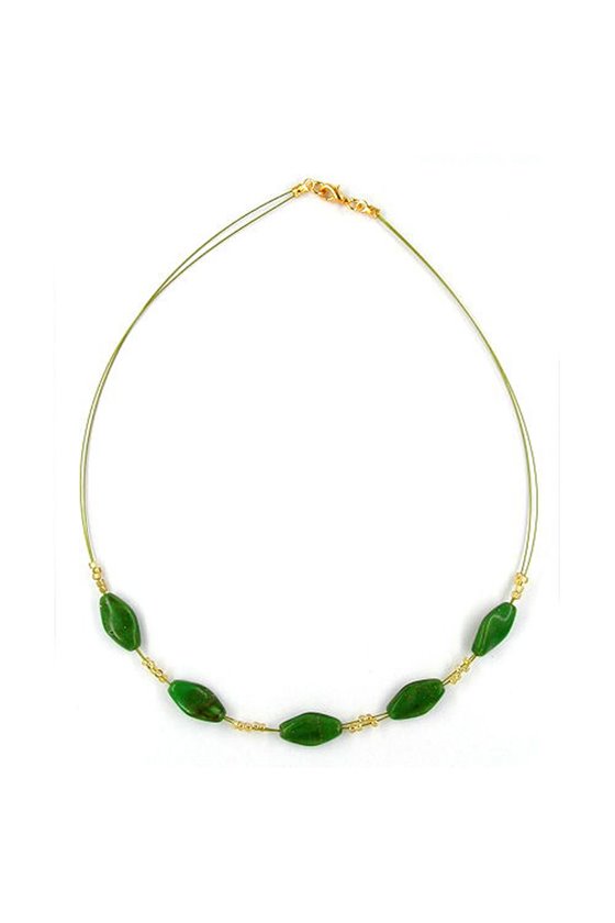NECKLACE GLASS BEADS GREEN MARBLED GOLD-COLOURED