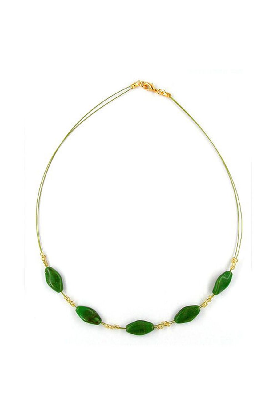 NECKLACE GLASS BEADS GREEN MARBLED GOLD-COLOURED