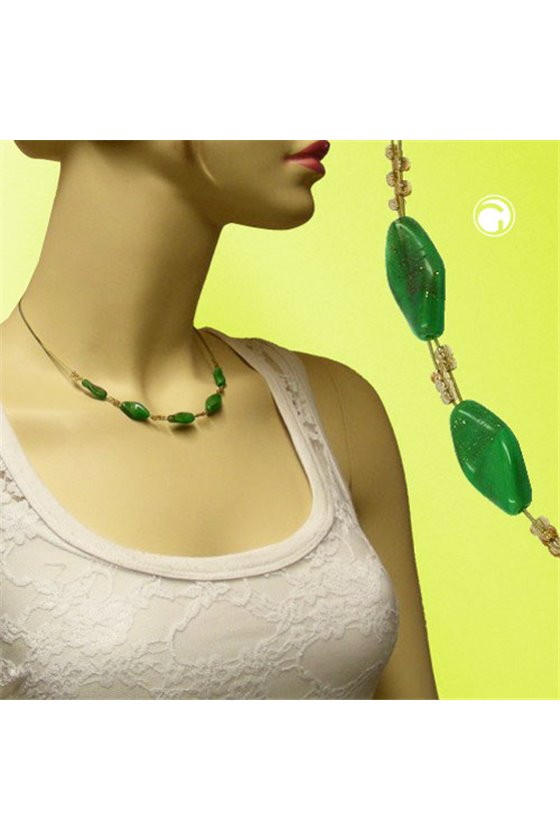 NECKLACE GLASS BEADS GREEN MARBLED GOLD-COLOURED