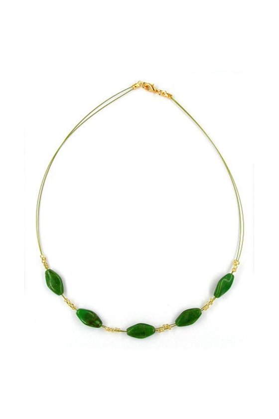 NECKLACE GLASS BEADS GREEN MARBLED GOLD-COLOURED