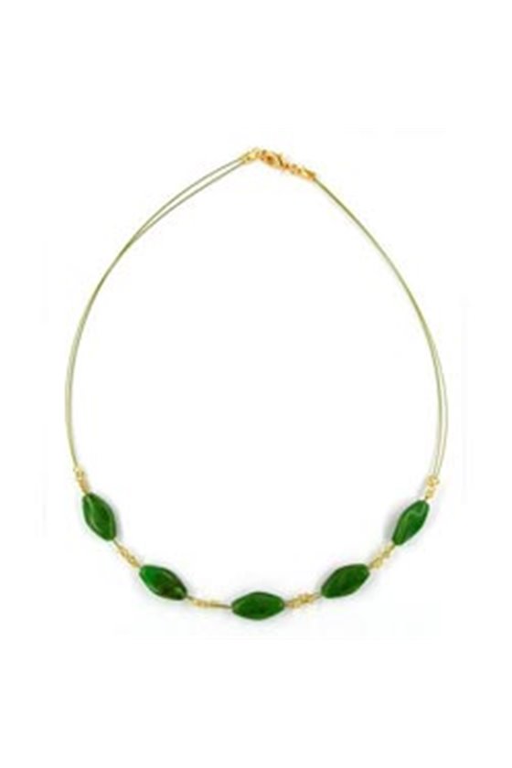 NECKLACE GLASS BEADS GREEN MARBLED GOLD-COLOURED