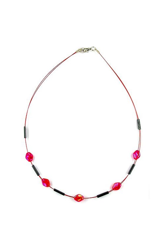 NECKLACE GLASS BEADS RED AND GREY SHINY 42CM