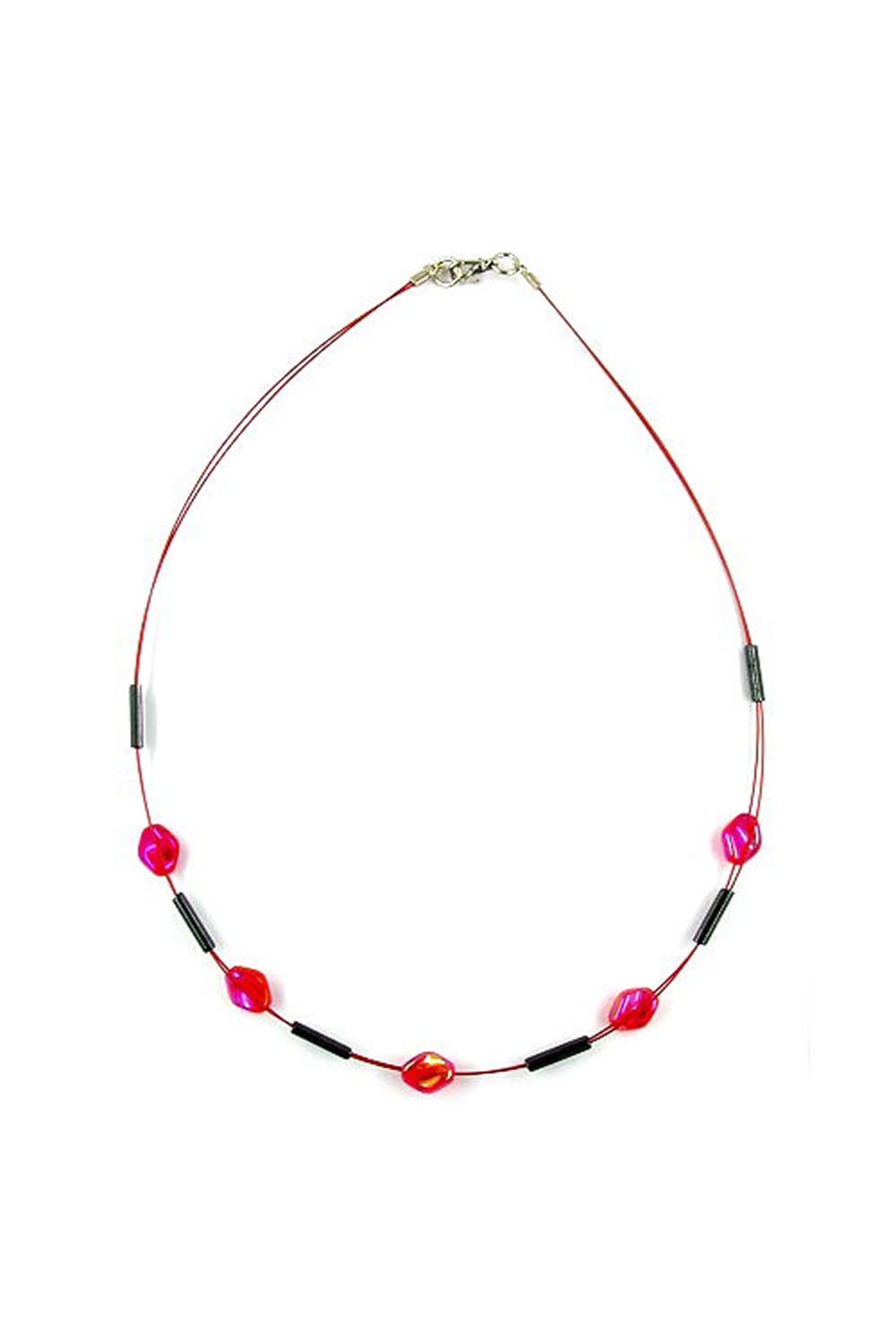 NECKLACE GLASS BEADS RED AND GREY SHINY 42CM