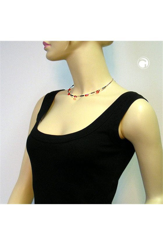 NECKLACE GLASS BEADS RED AND GREY SHINY 42CM
