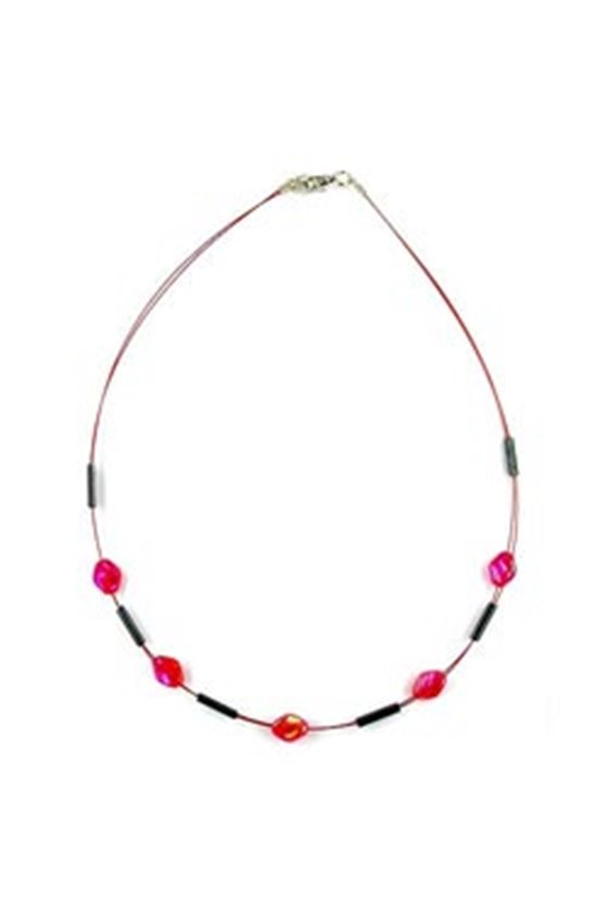 NECKLACE GLASS BEADS RED AND GREY SHINY 42CM