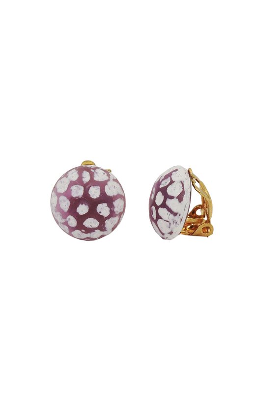 CLIP-ON EARRING ROUND PURPLE WHITE HAMMERED 14MM
