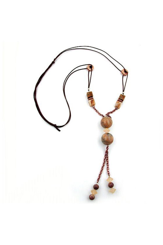 NECKLACE LIGHT BROWN MARBLED BEADS CHAIN ELEMENTS