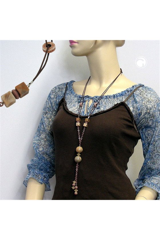 NECKLACE LIGHT BROWN MARBLED BEADS CHAIN ELEMENTS
